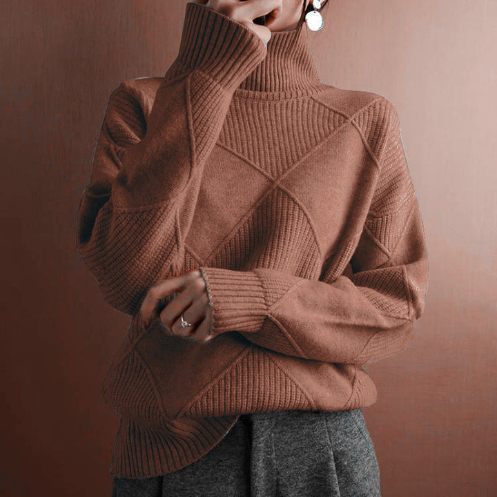 Damen nan weit geschnittener Strickpullover mit hohem Rollkragen und Rautenmuster Drune