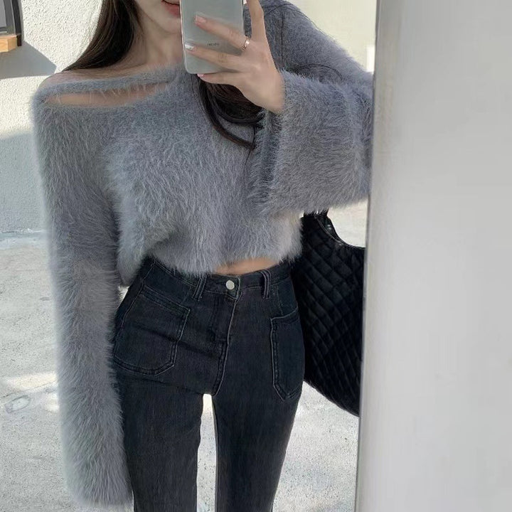 Damen Flauschiger Cropped Pullover mit weichem Strickmuster Drune
