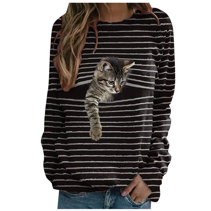Damen nan lässiger Streifenpullover mit fotorealistischer Katzentasche und Rundhalsausschnitt Drune