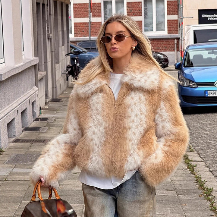Damen Boxy-Kunstfelljacke mit zweifarbiger Shag-Optik und Umlegekragen Drune