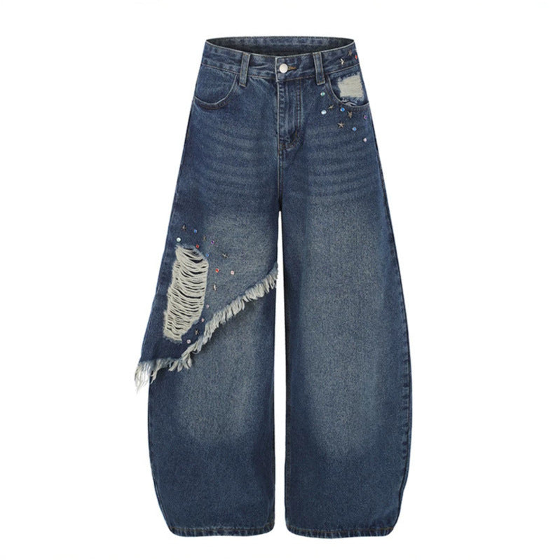 Damen High‑Waist weite Palazzo-Jeans mit asymmetrischem Fransen-Detail und Strassapplikation Drune