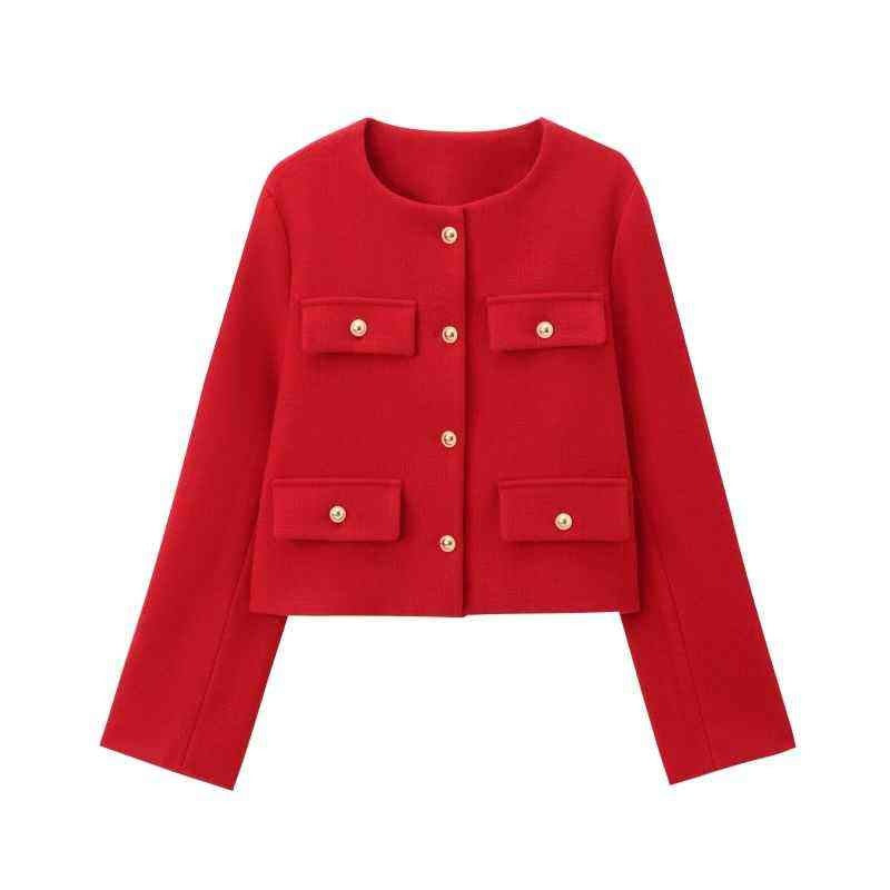 Damen nan kurz geschnittene Bouclé-Tweedjacke mit Rundhalsausschnitt Zierknopfdetails und aufgesetzten Pattentaschen Drune