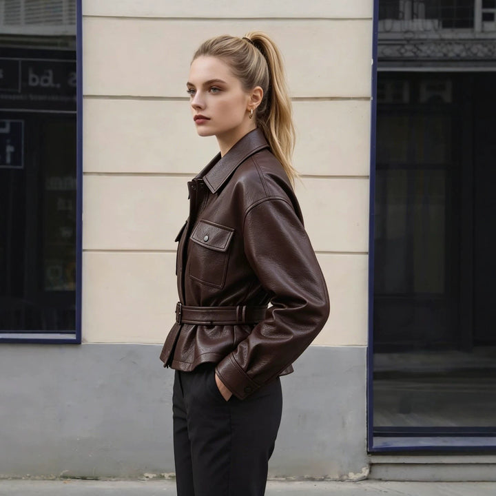 Damen Modische Lederjacke mit Gürtel Drune