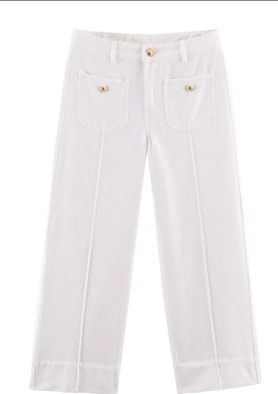 Damen Hochtaillierte weite Leinenhose mit Bügelfalte und aufgesetzten Taschen Drune