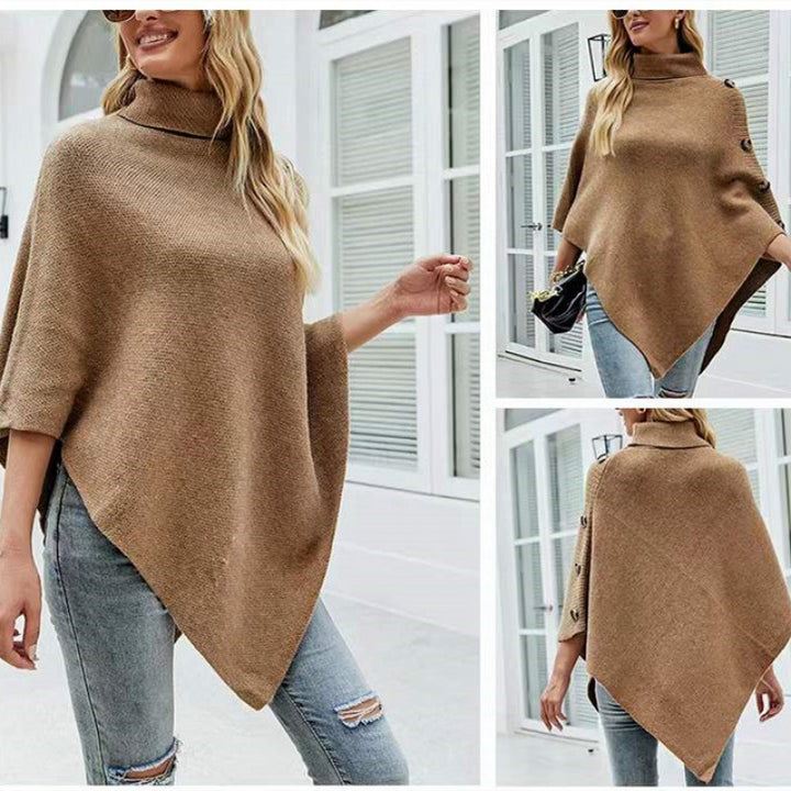 Damen Strick-Poncho mit steigendem Kragen und dekorativen Knopfdetails Drune
