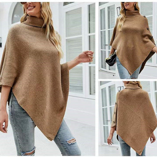 Damen Strick-Poncho mit steigendem Kragen und dekorativen Knopfdetails Drune