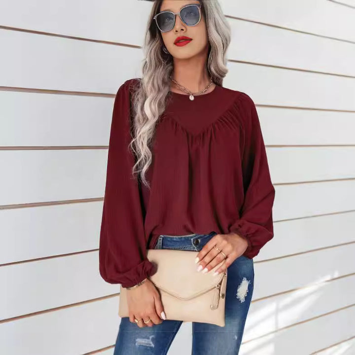 Damen lässiges Blusenshirt mit weit ausgestellten Ärmeln und feiner Rippstruktur Drune
