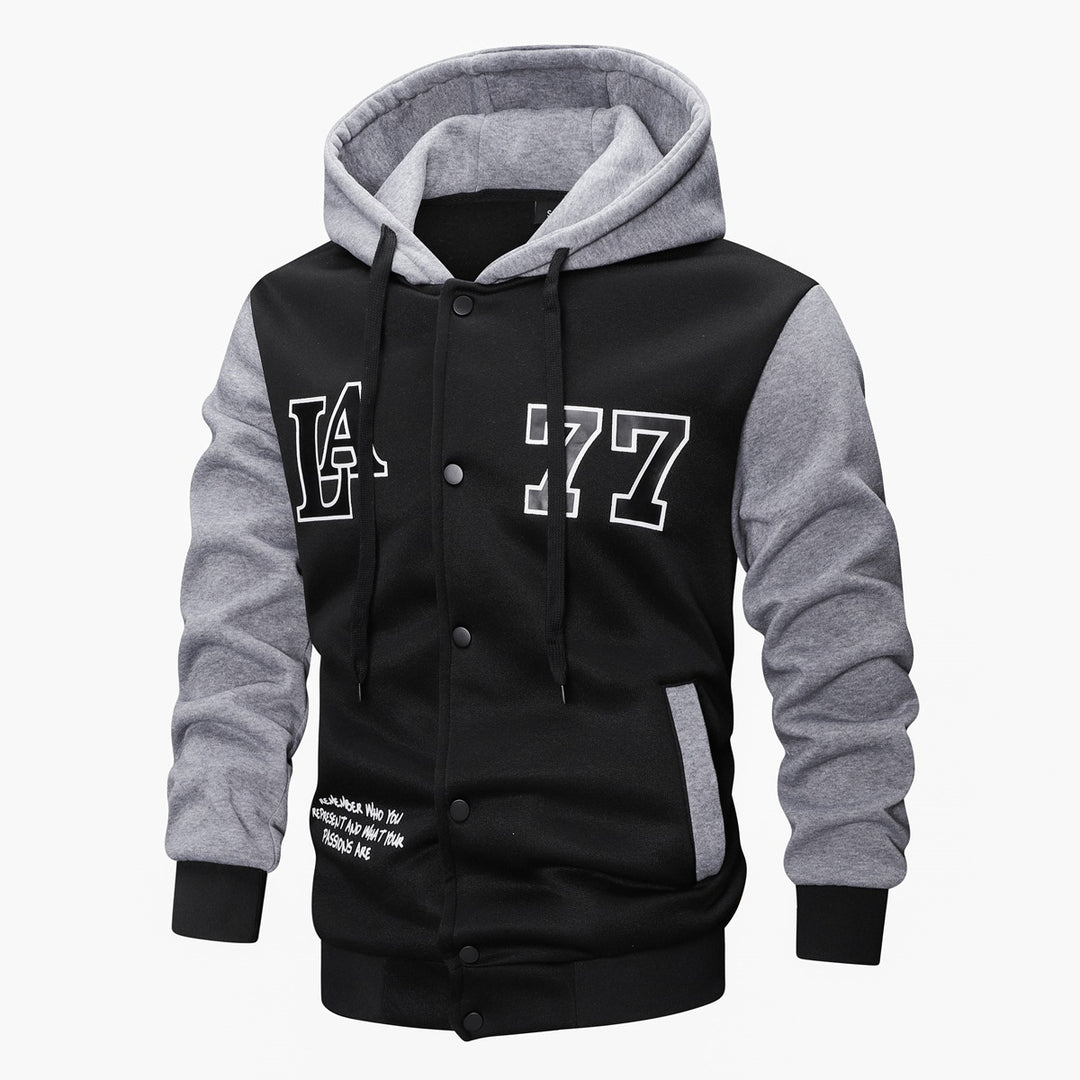 Herren Varsity-Kapuzenjacke im College‑Look mit Druck, Druckknopf‑Front und Kontrastärmeln Drune