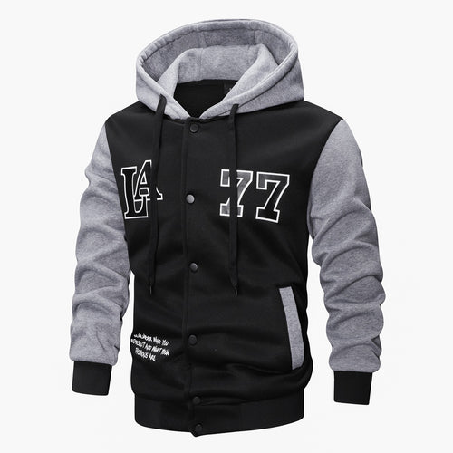 Herren Varsity-Kapuzenjacke im College‑Look mit Druck, Druckknopf‑Front und Kontrastärmeln Drune