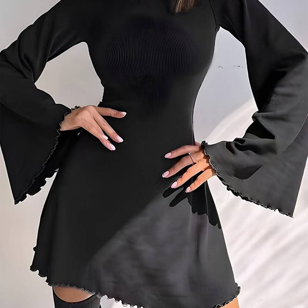 Damen A-Linien Minikleid mit ausgestellten Trompetenärmeln und taillierter Silhouette Drune