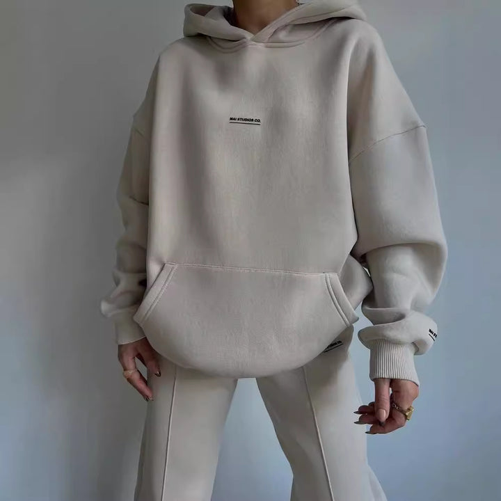 Damen Set Schwere French‑Terry Oversize‑Kapuzenpullover mit Kängurutasche und Slim‑Jogginghose Drune