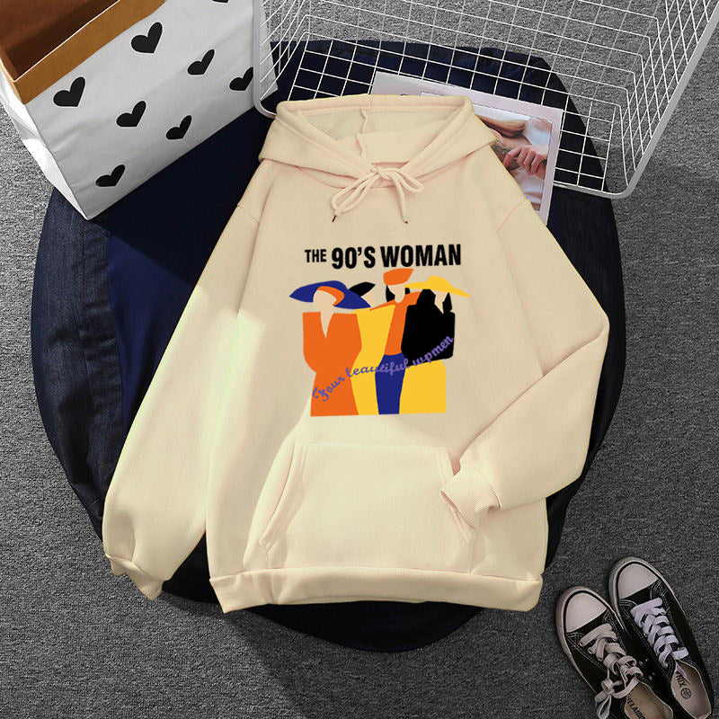 Damen nan weit geschnittener Kapuzenpullover mit Neunzigerjahre-Illustrationsprint, angerautem Fleece und Kängurutasche Drune