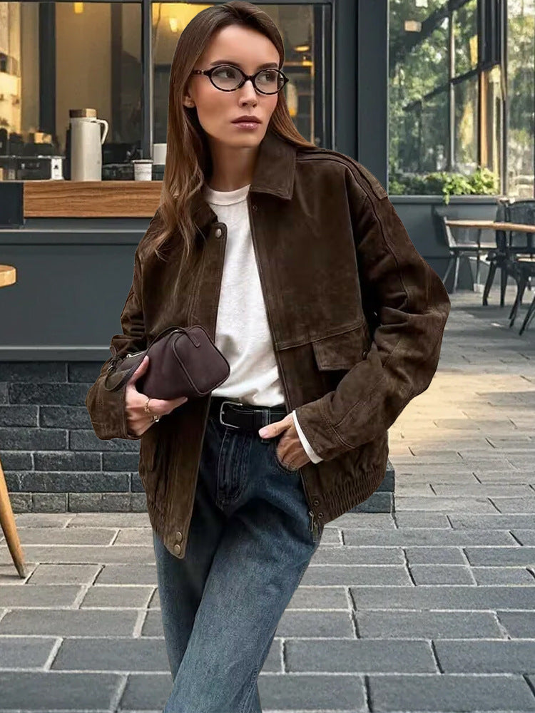Damen lässige Wildlederjacke mit praktischen Taschen und hochgeschlossenem Kragen Drune