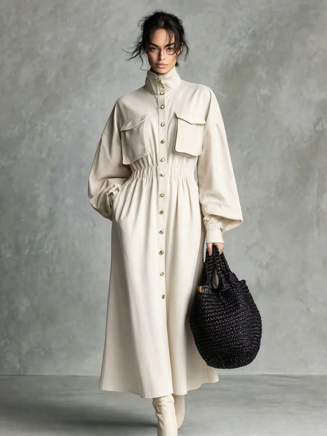 Damen Elegantes Hemdkleid mit Taschen und Taillengürtel Drune