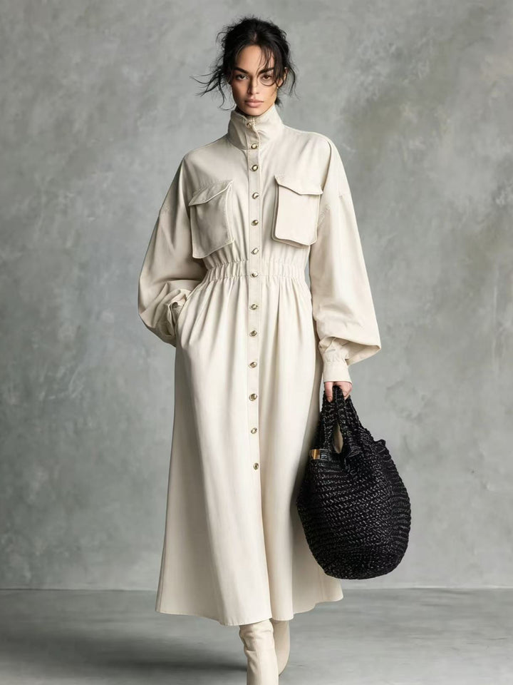 Damen Elegantes Hemdkleid mit Taschen und Taillengürtel Drune