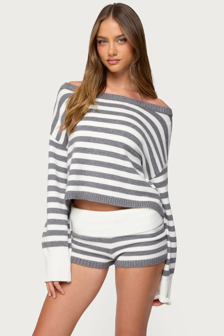Damen lässiges Kurzarm-Oberteil und Shorts-Set mit Streifenmuster Drune