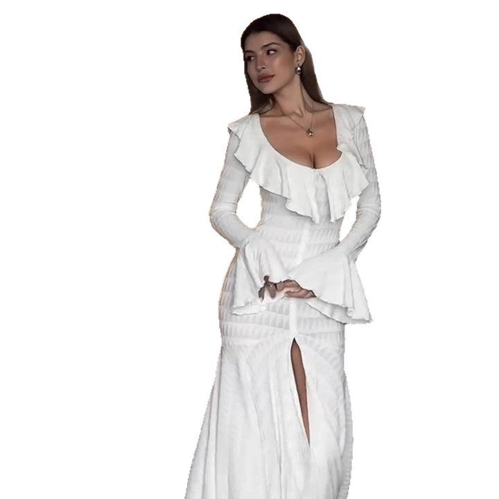 Damen Figurbetontes Maxikleid mit Volant‑Ausschnitt, Glockenärmeln und Schlitz Drune