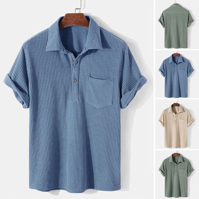 Herren nan Waffelstrick-Polo mit Hemdkragen, kurzer Knopfleiste und Brusttasche Drune