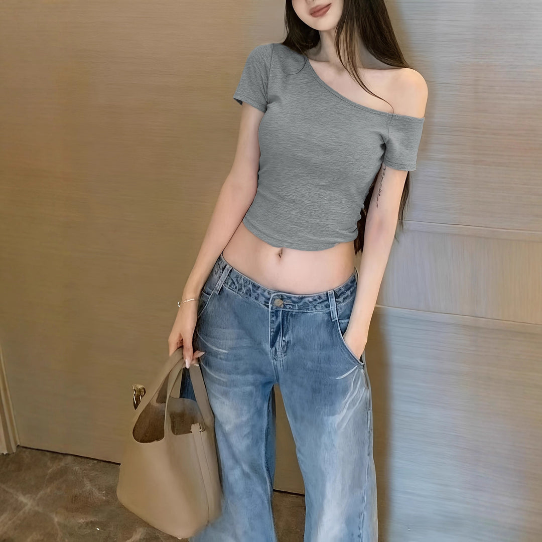 Damen lässiges Crop-Top im Off-Shoulder Stil Drune