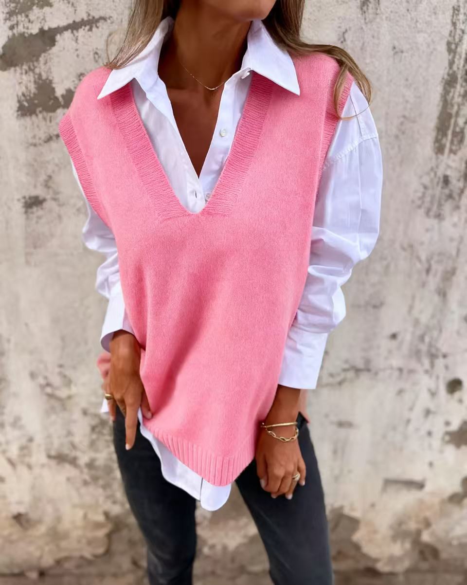 Damen eleganter Strickpullunder mit V-Ausschnitt und feinen Rippdetails Drune
