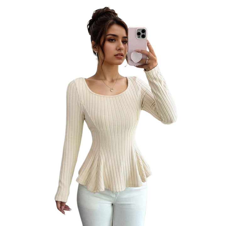 Damen elegantes Ripp-Top mit schmaler Silhouette und eingerollten Ärmeln Drune