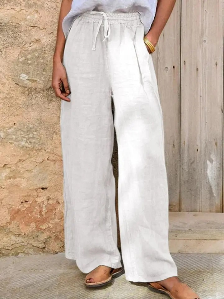 Damen Hochgeschnittene Leinenpalazzo-Hose mit Kordelzug und weitem Bein Drune