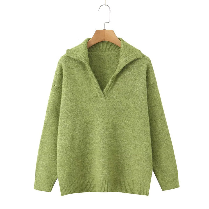 Damen lässiger Strickpullover mit Stehkragen und V-Ausschnitt Drune