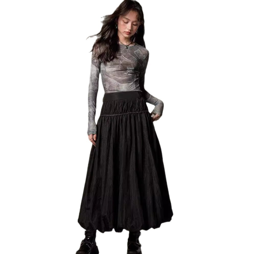 Damen midi Rock mit elastischem Bund und voluminösem Schnitt Drune