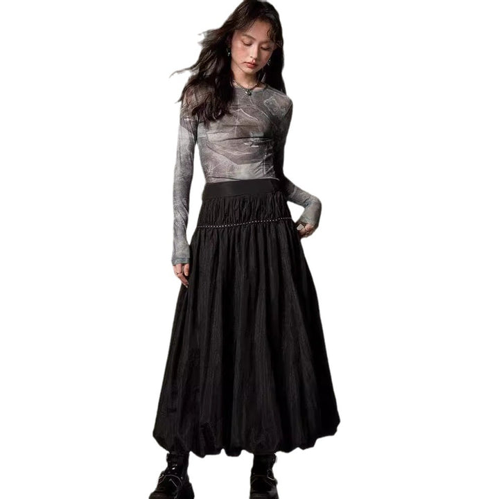 Damen midi Rock mit elastischem Bund und voluminösem Schnitt Drune