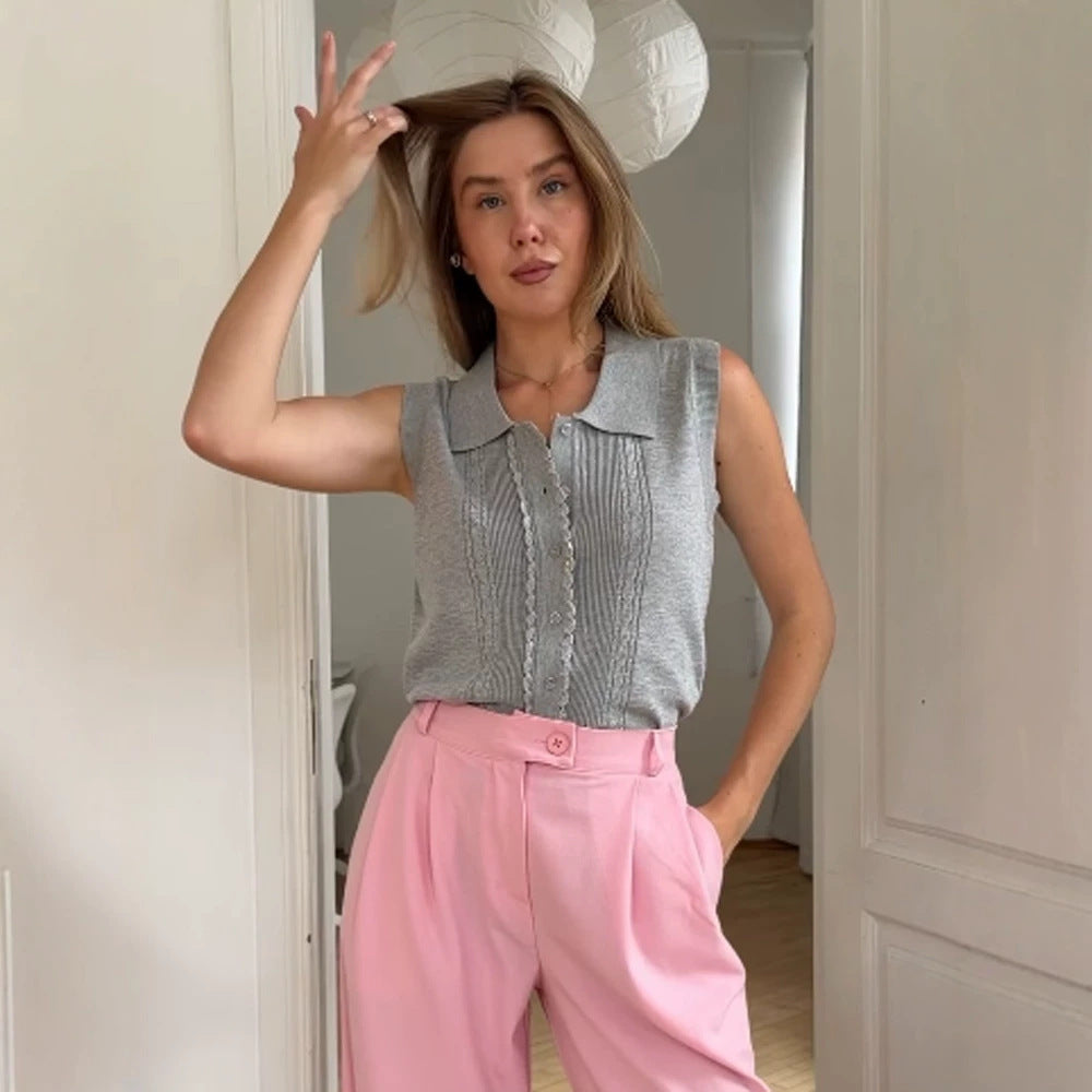 Damen Ärmelloses Stricktop mit Hemdkragen, Zierknopfleiste und feiner Strukturierung Drune