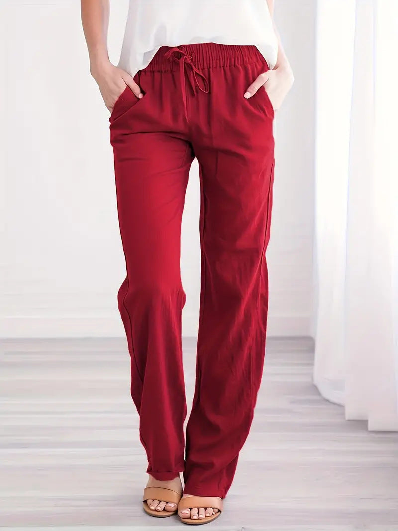 Damen Leichte Leinenoptik Palazzo-Hose mit Gummibund, Tunnelzug und Eingrifftaschen Drune