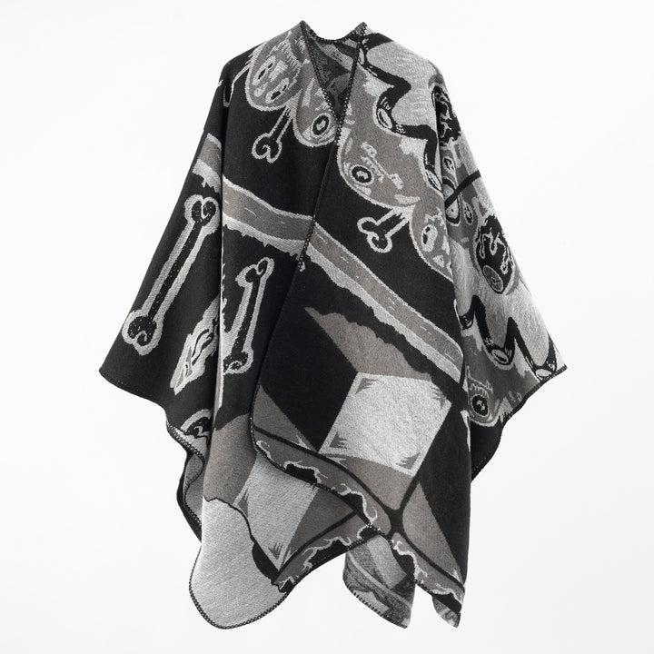 Damen Statement-Capeponcho aus jacquardgewebtem Wollmix mit Skull- und Knochenmuster Drune