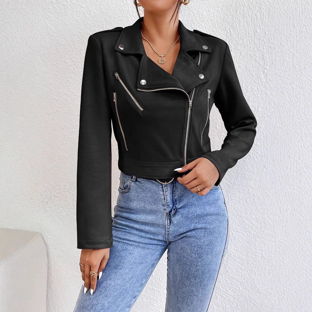 Damen Stylische Kunstlederjacke im Biker-Stil mit asymmetrischem Reißverschluss Drune