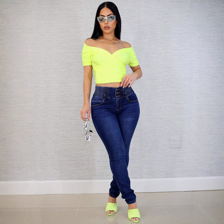 Damen Hochtaillierte Jeans mit elastischem Bund und Knopfdetails Drune