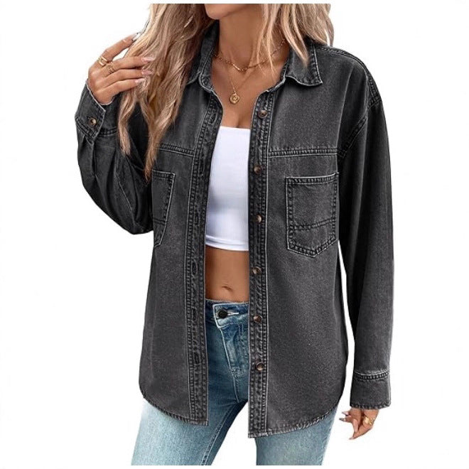 Damen Oversize Jeanshemdjacke im Washed-Look mit Brusttaschen und durchgehender Knopfleiste Drune