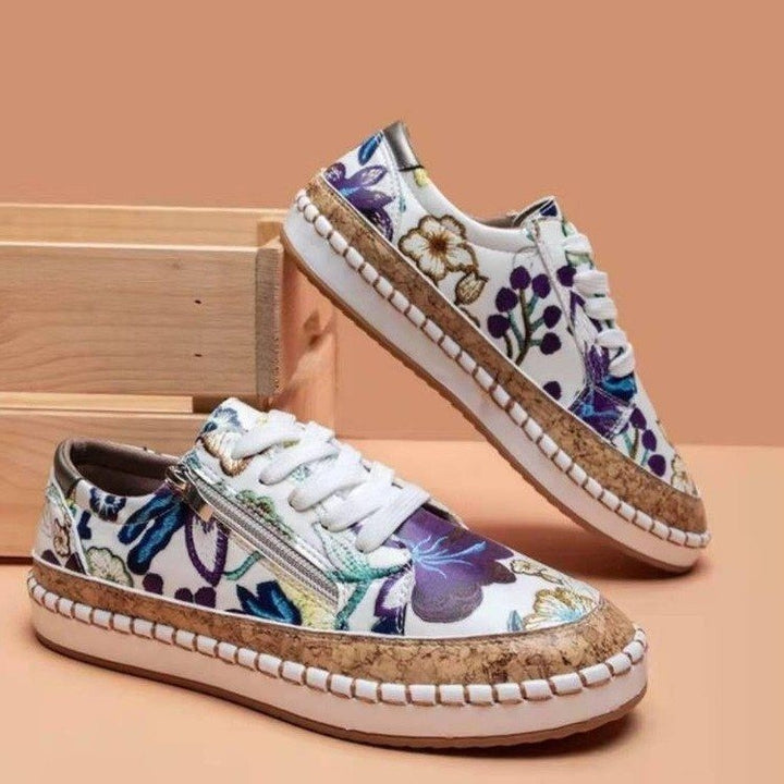 Damen florale Plateausneaker mit Korkplateau, seitlichem Reißverschluss und gepolstertem Komfortfußbett Drune