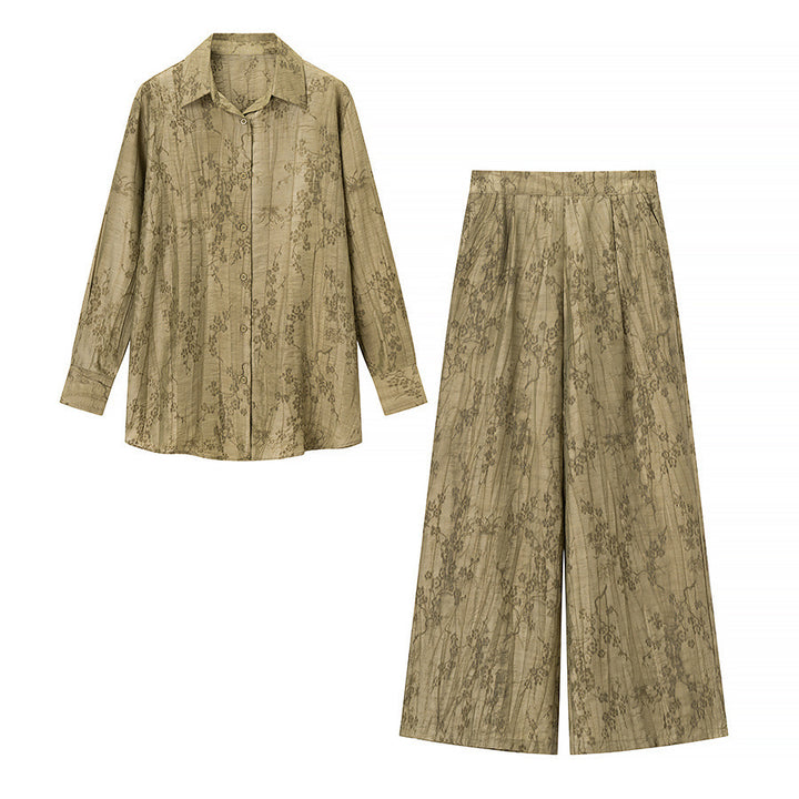 Damen Zweiteiliges Jacquard-Loungewear-Set mit Hemdbluse und weiter Palazzohose Drune