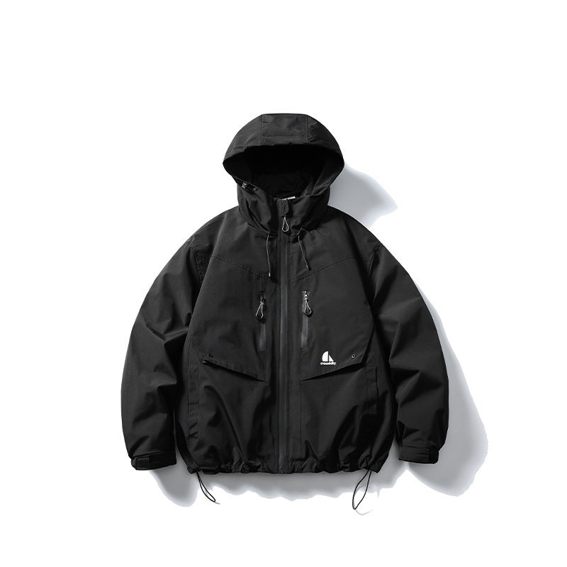 Unisex Wasserdichte technische Kapuzenjacke mit Mehrfach‑Taschen und verstellbarem Saum Drune