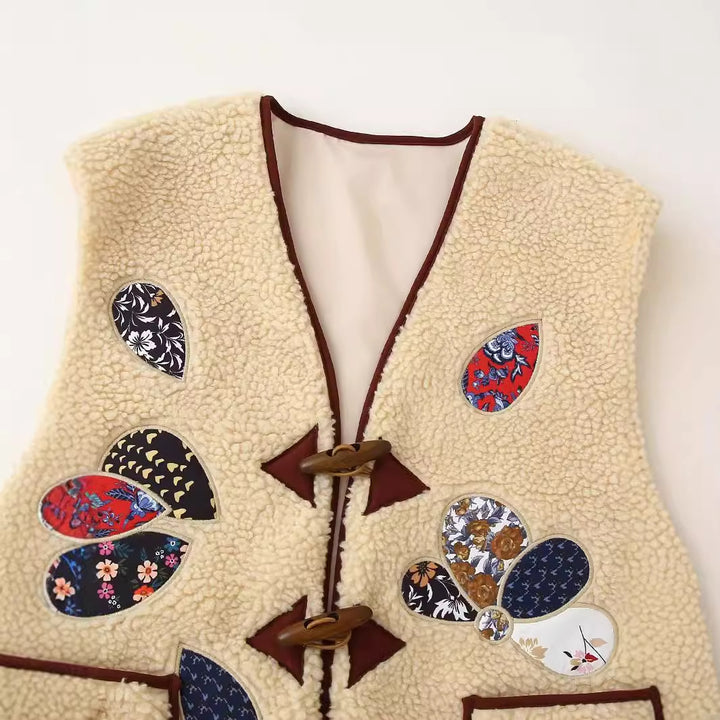 Damen nan ärmellose Teddyweste mit Patchwork-Applikationen und Holzknopf Verschluss Drune