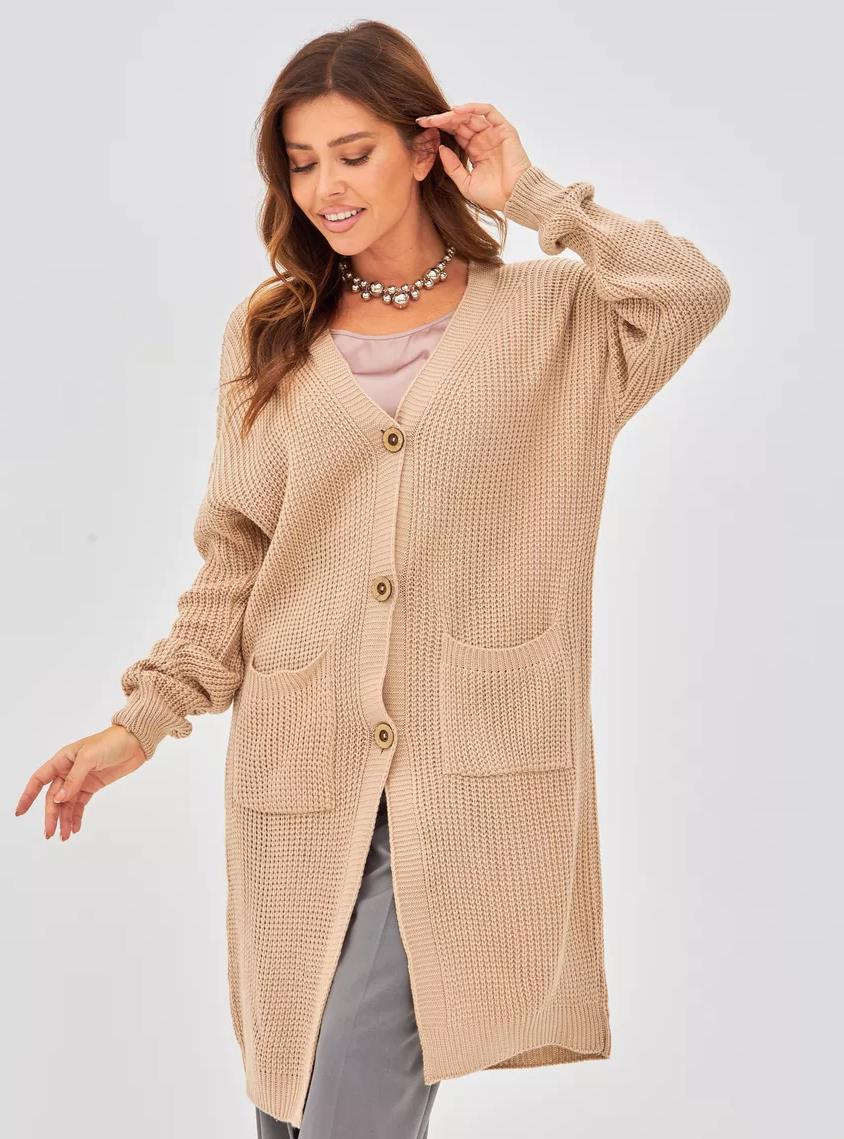 Damen Grobstrick-Cardigan mit schlichten Holzknöpfen und praktischen Taschen Drune