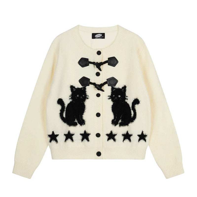 Damen Strickjacke mit Katzen-Jacquard, Zierknebelverschluss und Sternbordüre Drune