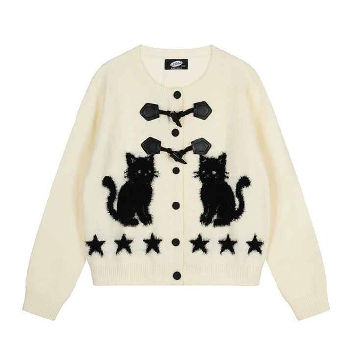 Damen Strickjacke mit Katzen-Jacquard, Zierknebelverschluss und Sternbordüre Drune