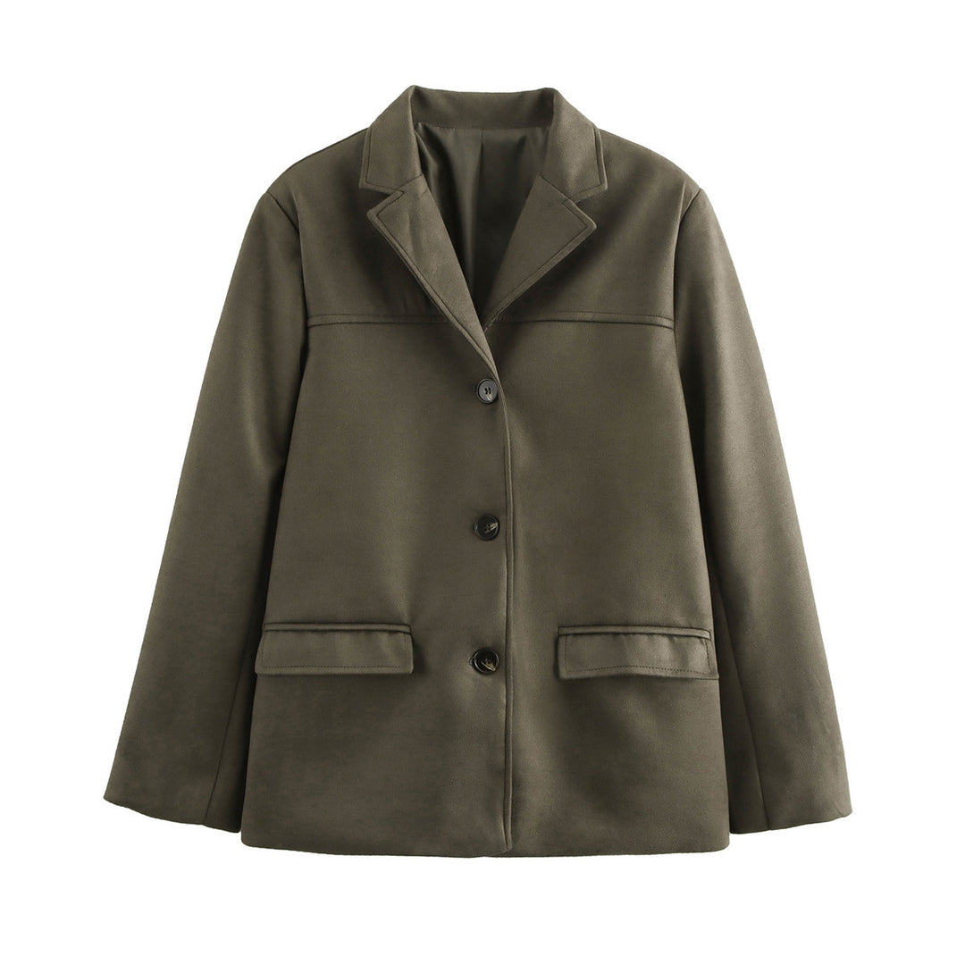 Damen elegante Velours-Optik Blazerjacke mit Reverskragen und Pattentaschen Drune