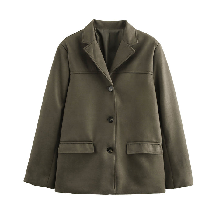 Damen elegante Velours-Optik Blazerjacke mit Reverskragen und Pattentaschen Drune