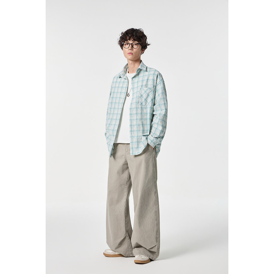 Unisex Oversize Karo-Hemdjacke aus leichter Baumwollmischung mit aufgesetzter Brusttasche Drune