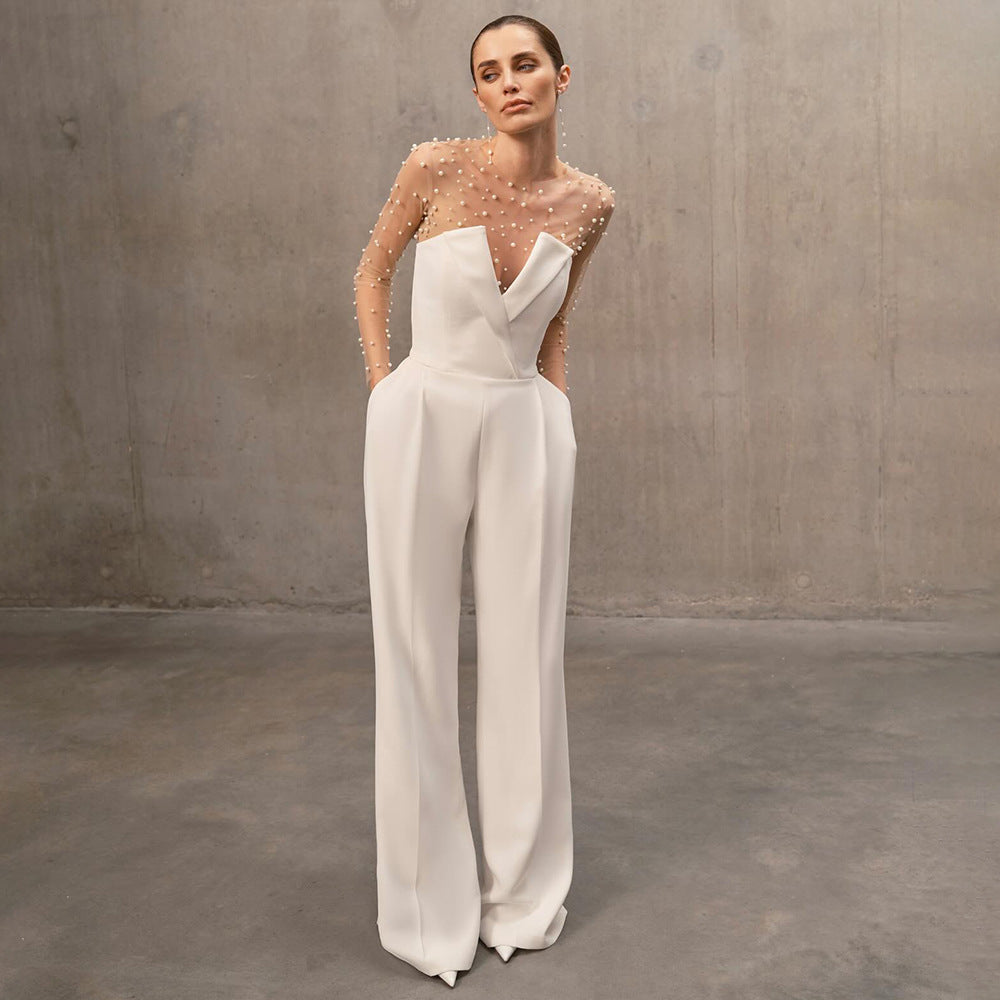 Damen eleganter Jumpsuit mit transparenten Ärmeln und Perlenverzierung Drune