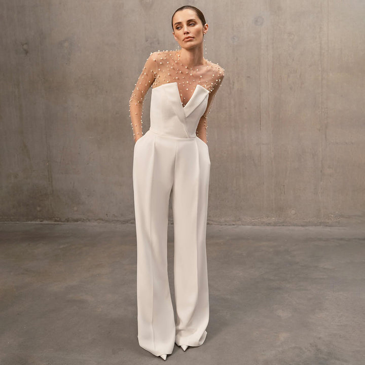 Damen eleganter Jumpsuit mit transparenten Ärmeln und Perlenverzierung Drune