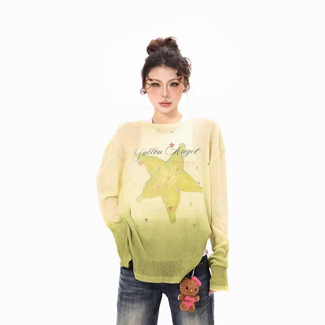 Damen Langarmshirt aus weichem Feinstrick mit Dip-Dye‑Gradient und Sternblüten‑Print Drune