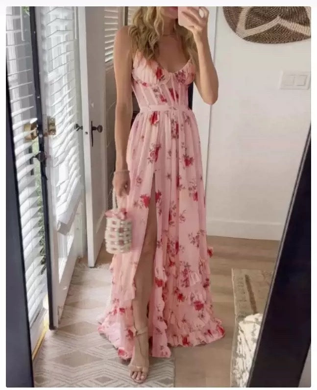 Damen Maxikleid mit floralem Spitzenoberteil und hohem Schlitz Drune