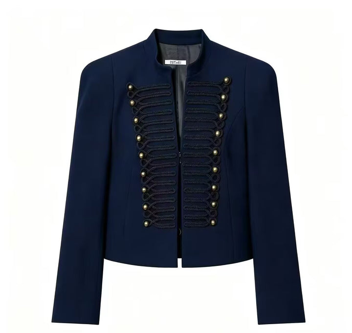 Damen Cropped Military-Blazer mit ornamentaler Kordelverzierung und Stehkragen Drune